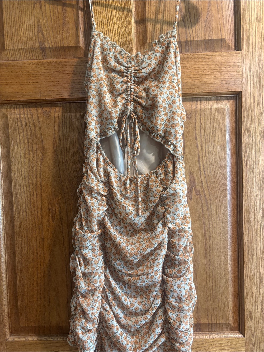 Floral Ruched Cutout Mini Dress in Rust and Cream